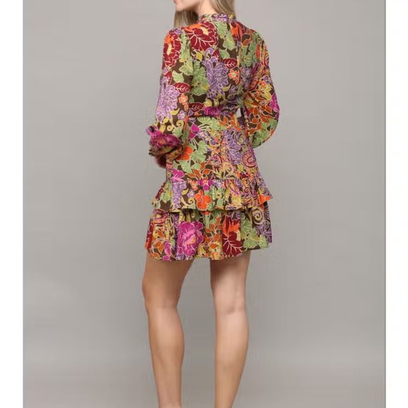 Floral Print Belted Waist Ruffle Hem Dress - Picture 3 of 3